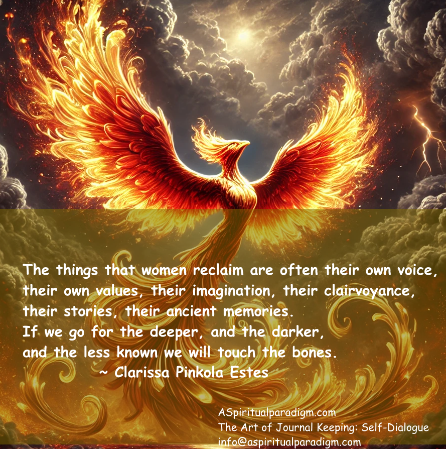 The Phoenix rising from the flames, once destroyed and now reborn as a stronger aspect of self.